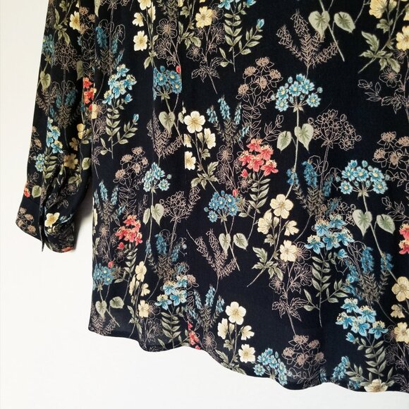 J. Jill Black Botanical Floral Button Front Shirt Blouse Tunic Long Sleeves M - Picture 10 of 15